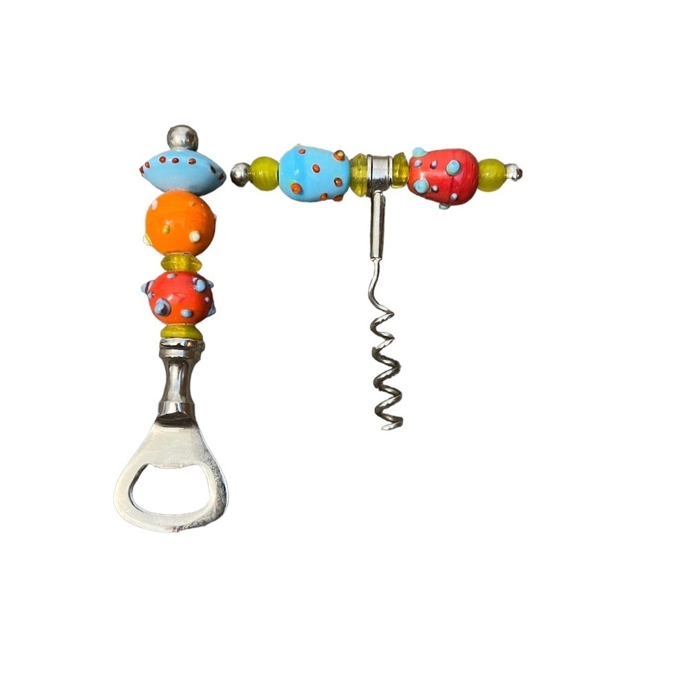 NWOB Pier One Bar Tool Set Glass Bead Handles Cork Screw &‎ Wine Bottle Opener